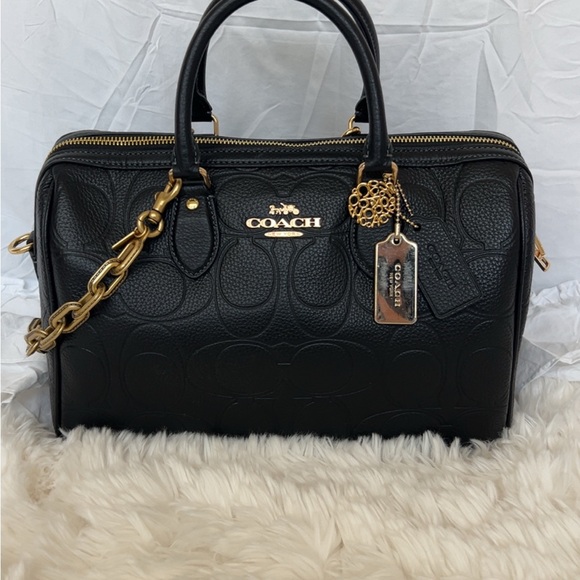Coach Handbags - COACH Black Embossed Leather Satchel with Gold Hardware and coach charms